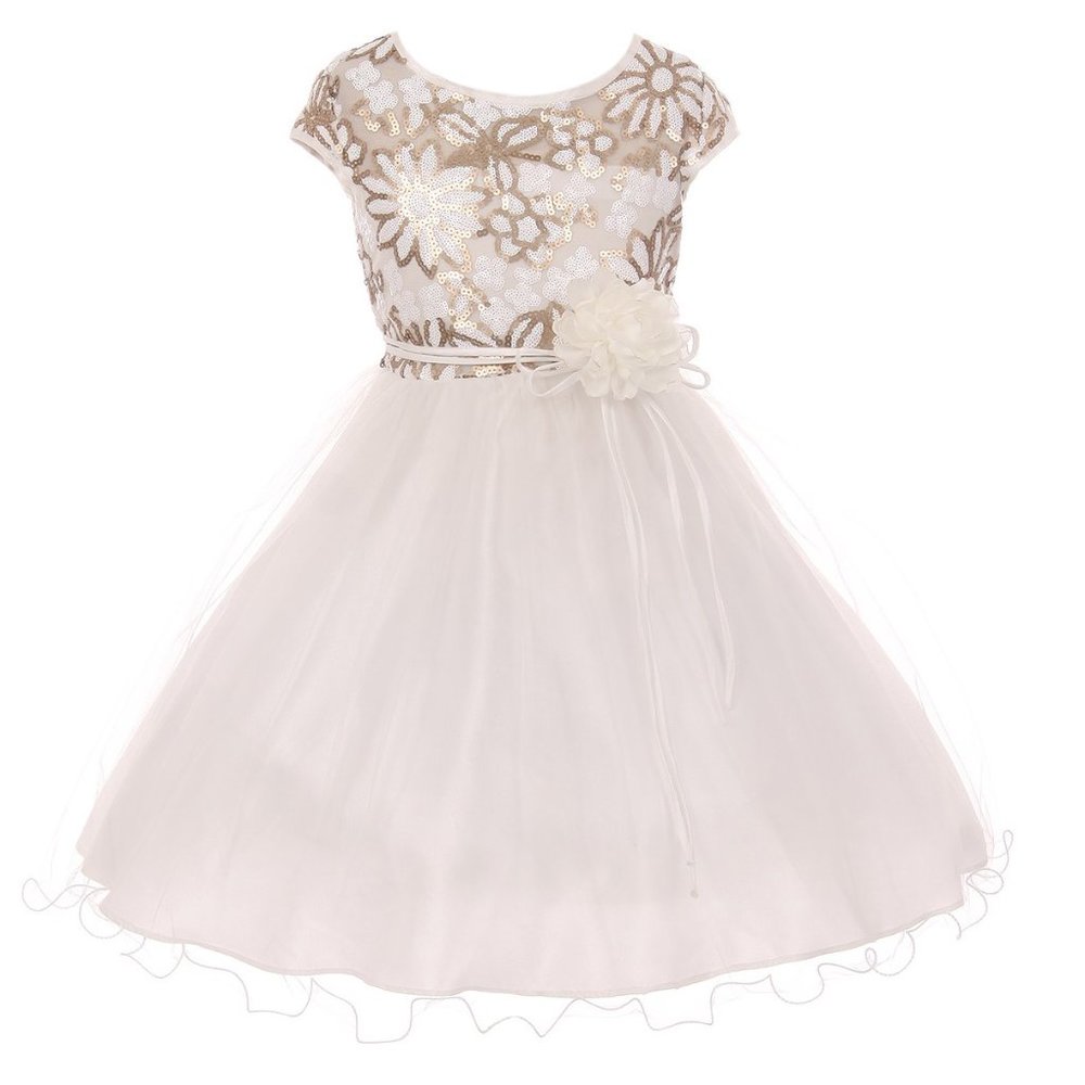 Big Girls Junioor Cap Sleeve Floral Sequin Tulle Easter Party Flower Girl Dress